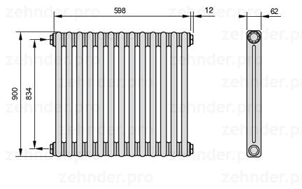Схема (чертеж) Радиатор Zehnder Charleston 2090/13 №1270 Белый глянцевый RAL 9016